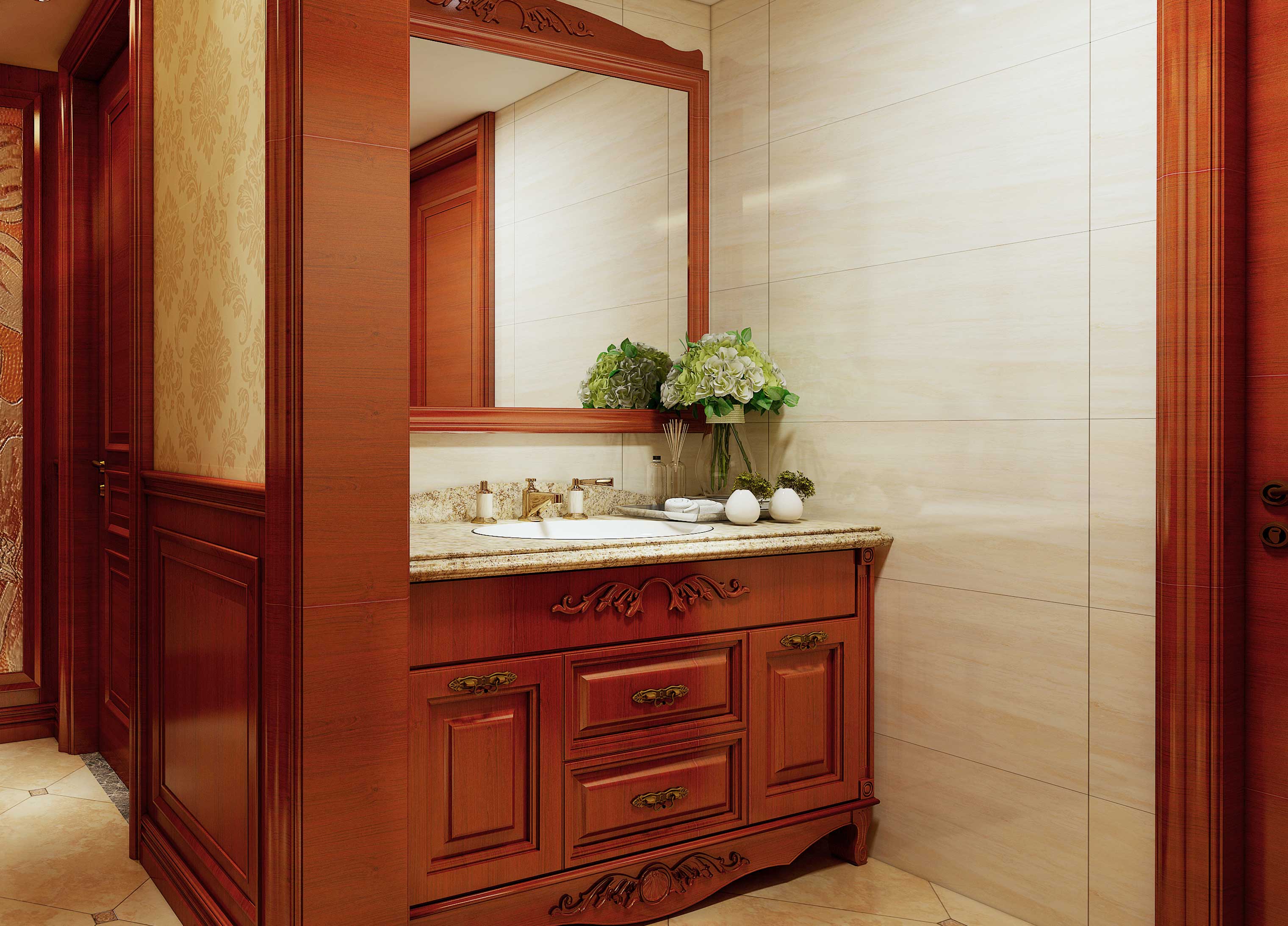 classical-solid-wood-bathroom- cabinet-sink-mirror